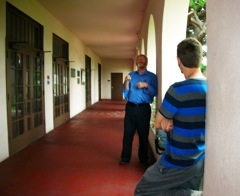 Joe Halcott chats with Adam Frost in the hallway of the La Jolla Recreation Center.